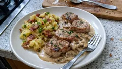 Vepřová panenka do růžova: žampionová omáčka a šťouchané brambory se slaninou