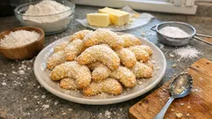 Domácí máslové sušenky posypané cukrem na talíři, mouka a máslo v pozadí