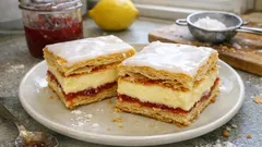 Žloutkové řezy z listového těsta: vanilkový krém, marmeláda a citronovo-rumová poleva