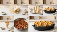 Koláž kroků přípravy tortilla kornoutů plněných mletým masem a čedarem