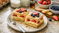 Pudinkové řezy z listového těsta na plech: křupavé vrstvy, ovoce a hotovo