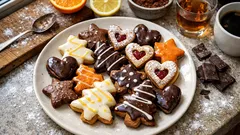 Vánoční cukroví na talíři: perníčky, linecké a hvězdičky s čokoládou