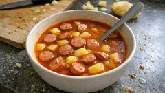 Miska fazolové polévky s klobásou a zeleninou, rustikální servírování