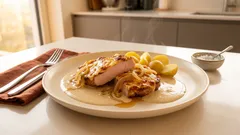 Vepřové karé s cibulovou omáčkou a bramborami na talíři