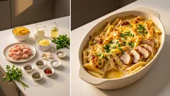 Zapečené těstoviny s kuřecím a smetanou: večeře z jednoho pekáče