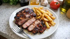 Grilovaný steak nakrájený na plátky s hranolky na talíři