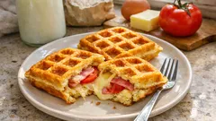 Belgická vafle se šunkou, sýrem a rajčetem na talíři