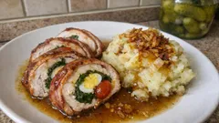 Kuřecí roláda se špenátem, vejci a rajčátky: slavnostní, ale jednoduchá