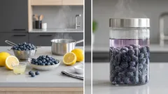 Borůvky s citronem a hrnec vedle sklenice plné borůvek na kuchyňské lince