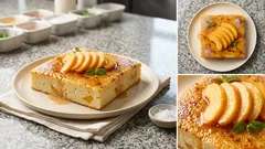 Broskvový koláč na plech s plátky broskví a karamelovým povrchem na talíři.