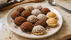 Talíř domácích sušenek a čokoládových kuliček posypaných kokosem