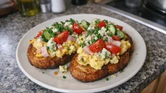 Topinky s míchanými vejci, avokádem a rajčaty na talíři