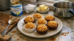 Domácí karamelové košíčky s arašídy na talíři, suroviny v pozadí