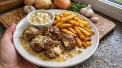 Talíř s pečeným kuřetem, hranolky a salátem v ruce u okna