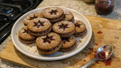 Domácí linecké koláčky s marmeládou na talíři