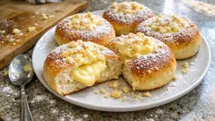 Nadýchané sladké buchty s pudinkem a posypem na talíři