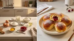 Tvarohové bochánky plněné marmeládou na talíři, posypané cukrem