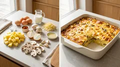 Zapečené brambory se žampiony a vejci: jednoduchá večeře z jednoho pekáče