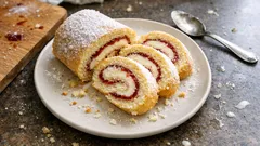 Piškotová roláda s marmeládou posypaná moučkovým cukrem na talíři